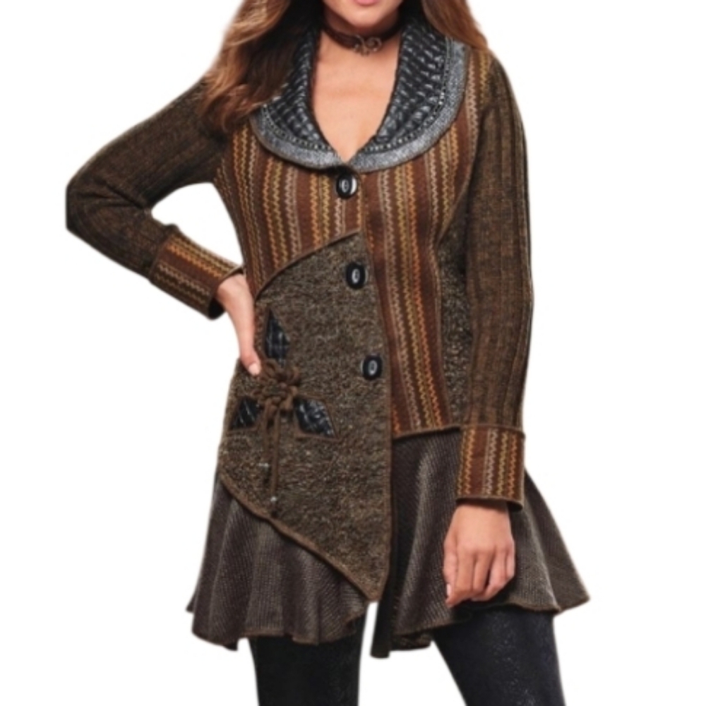 Sioni Y2K Steampunk Brown Multi Patchwork Button Cardigan Sweater